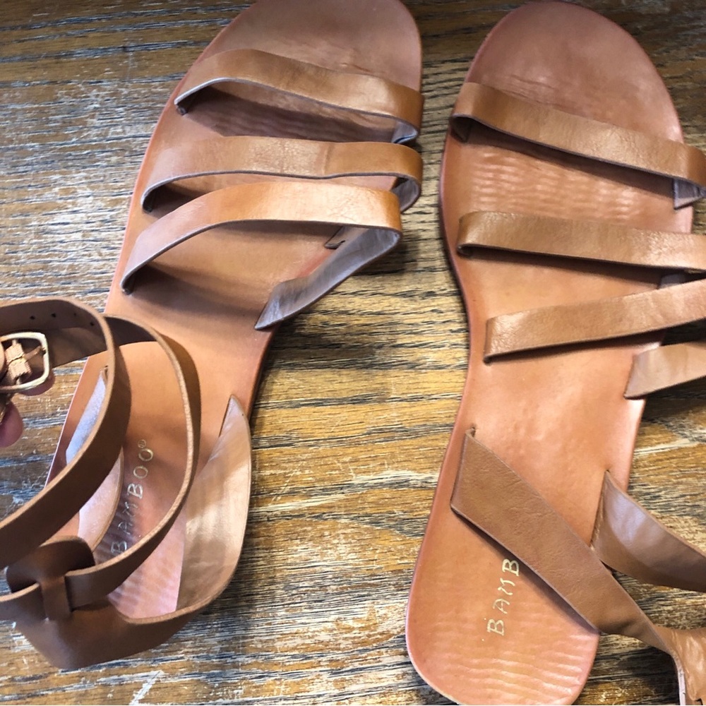 BAMBOO Tan Multi-Strap Ankle Buckle Sandals